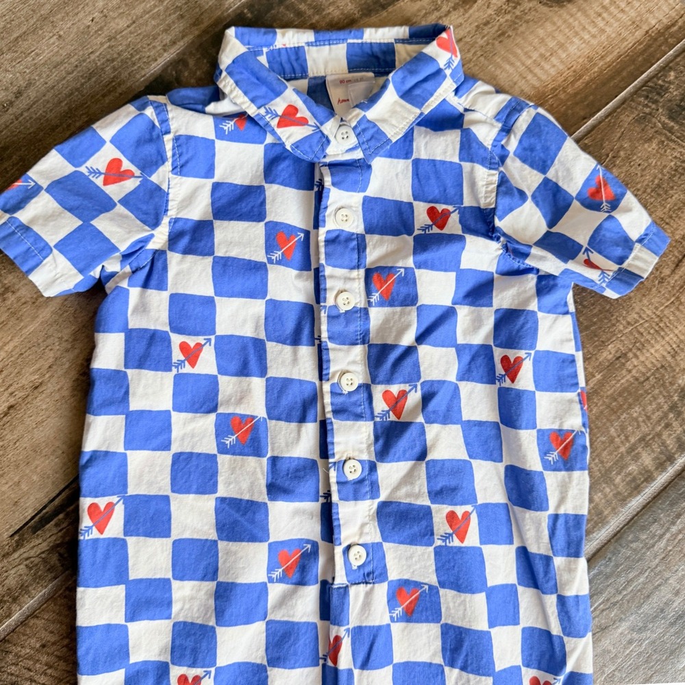 Hanna Andersson Toddler Checkered Heart Coveralls Romper, Blue White Red, 3T - Picture 3 of 9